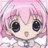 Pixelated anime-style character with pink hair, large dark eyes, and a small mouth, set against a soft pink background.