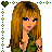 Pixel art of a woman with long brown hair and blue eyes in a green top, surrounded by heart and dot borders, with text displaying phrases