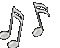 Six musical note icons in varying sizes and orientations on a gray background, with some notes having flags.
