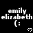 Black background with white text 'emily elizabeth' and a colon, accompanied by small heart symbols in various positions