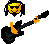 Pixel art of a character with yellow face and black dreadlocks holding an electric guitar, shown in four variations across frames.