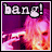Pixelated image of a character with pink hair and fiery effects, featuring the text 'bang!' in the top-left corner.