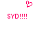 Pixelated pink heart symbol above two identical lines of text reading 'SYD!!!!!' on white background.