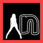 White silhouette of a woman in wide stance next to stylized 'n' on black background with red border.