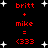 Red text and white stars on black background with repeated 'britt + mike = (333)' text in two