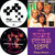 Four distinct pixelated icons arranged in a 2x2 grid: top-left white circle with black symbols, top-right colorful figure, bottom-left dark circle with abstract shapes, bottom-right purple square with light patterns.