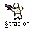 Pixelated character in white outfit holding pink guitar-like object, shown across three poses with text "Strap-on" below.