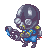 Pixelated character with dark purple helmet and blue armor, holding a large weapon with blue accents against gray background.