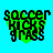 Green heart-shaped icon with black text 'soccer KICKS GRASS' on cyan background, showing animation changes