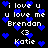 Pixelated text and blue heart symbols on a black background, with repeated phrases 'i love u', 'u love me', names 'Brendan' and 'Katie', and '<3' emoticons.