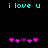 Pixelated cyan text 'i love u' above two of pink and purple heart icons on black background