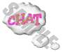 A cloud-shaped icon with 'CHAT' text in pink and orange, featuring a small trailing bubble on white background.