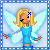 Pixelated fairy with blonde hair, blue dress, and light blue wings stands against light blue background with blue border.