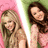 Two women in pink tops pose against a green and pink background with a white light beam; one woman's head position shifts across frames.
