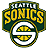Pixelated logo featuring 'SEATTLE SONICS' text in yellow with dark green outlines, a basketball graphic below the text, and a shield-like border.