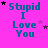 identical text-based icons on a bright pink background, each displaying "Stupid I Love You" in blue pixelated font with scattered black and purple stars