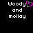 Pixelated text 'woody and mollay' with a pink heart symbol replacing the letter 'o' in 'woody', displayed on black background.