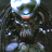 Pixelated static image of a dark armored figure with glowing eyes and chest light against a dark background, likely from an Alien vs Predator franchise context.