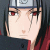 Pixelated anime-style character face with red eyes, dark hair, and a headband featuring a spiral symbol on gray background.