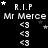 Black background displays repeated white text "R.I.P Mr Merce" with small <3 symbols and stars, showing animation changes in star positions across frames.