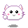 Pixelated white cat with pink inner ears and cheeks, black eyes, gray mouth, purple outline, waving hand in four variations on gray background.