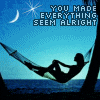 Silhouette of a person in a hammock at night with text overlay, showing four variations of star and moon positions.