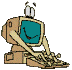 Animated cartoon computer with teal screen displaying a smiley face, beige body, and white eyes typing on keyboard.