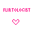 Pixelated pink text 'FLIRTLOGIST' appears above two pixelated heart icons on a white background, with the right heart filled and left heart outlined.