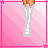 Animated contact sheet of a pixel-art character with long black hair, pink outfit, and text phrases arranged in 5x5 grid on pink striped background.