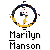 A 4x4 contact sheet of pixelated animated frames showing a yellow stick figure character with white face and dark hair performing various actions, including circular motion within a ring, arms raised, and static poses, all labeled "Marilyn Manson" below each frame.