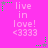 A bright pink background displays repeated text "live in love! <3333" with green and gray star-shaped pixel elements scattered around.