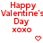 Red pixelated text reads 'Happy Valentine's Day xoxo' with two heart symbols on a white background.