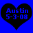 Two identical black heart shapes on a blue background, each containing pixelated text reading "Austin" and "5-3-08".