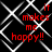 Red text 'it makes me happy!!' repeated four times on a black background with white geometric lines, each instance slightly offset.