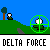 Pixel art scene with green hills, blue sky, and trees showing a character in crosshairs . Text "DELTA FORCE" appears below each frame