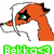 Pixelated orange fox head with green eyes and black ear tips, holding a white curved object; green text below.