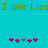 A turquoise background displays repeated green text "I love Liza" with two of pink and purple puzzle-piece icons below