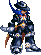 Pixel art character in blue and black armor with yellow accents, holding a sword-like weapon, standing against gray background.
