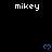 Pixelated text 'mikey' repeated across black background with blue heart symbols, gray rectangular shape at bottom-right corner.