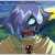 Pixelated scene with a central circular light source, blue and purple sky, green and brown ground, and a small dark figure at the bottom center.