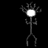 A white stick figure with a glowing head and branching arms performs sequential poses against black background, transitioning from standing to crouching to falling.