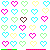 Static pixel art grid of 30 heart-shaped icons arranged in six rows and five columns, each rendered with distinct color palettes on a white background.