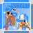 Pixel art contact sheet showing three animated frames of two cartoon sisters with long blonde hair, blue accessories, and a