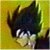 Pixelated static image shows a character with dark spiky hair and white eyes against yellow-green background.