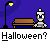 Pixel art animation of two characters on a bench under streetlights, with one character changing from a plain figure to a red-and-green apple costume while text bubbles appear.