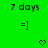 Green background with repeated '7 days' text and '=]' emoticons, featuring animated heart symbols that change from hollow to solid black.