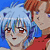 Four pixelated anime-style character portraits arranged in a , showing sequential facial expressions against solid blue background