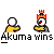 Animated sequence showing Akuma character with 'Akuma wins' text, pink particle effects, and '16HIT' text on gray and black backgrounds.
