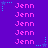 A static digital image with a purple background displaying repeated pink text "Jenn" in three , surrounded by small blue star and dot patterns