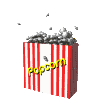 Red and white striped popcorn box with yellow 'popcorn' text, animated to show scattered gray popcorn kernels in motion against a light gray background.